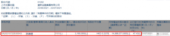 寶新金融(01282.HK)獲主席兼首席執行官姚建輝增持316萬股