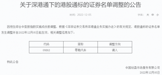 深交所：零跑汽車(09863)調入港股通股票名單 于今日生效