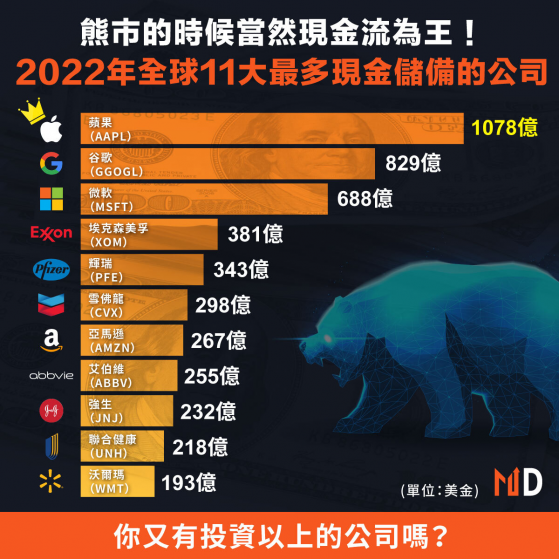 【市場熱話】熊市的時候當然現金流為王！2022年全球11大最多現金儲備的公司