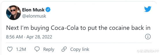 高調收購推特(TWTR.US)後 馬斯克：接下來要買可口可樂(KO.US)
