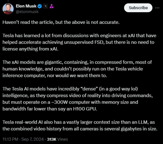 傳xAI與特斯拉(TSLA.US)就收入分成進行談判 馬斯克迴應：報道不準確