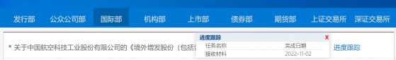 證監會：中航科工(02357)境外增發股份申請已獲接收材料