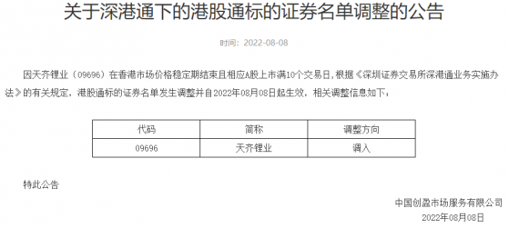 深交所：天齊锂業(09696)調入港股通標的證券名單 自2022年08月08日起生效