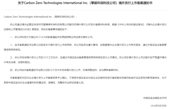 零碳環保赴美IPO獲備案 擬發行不超過4571.25萬股普通股