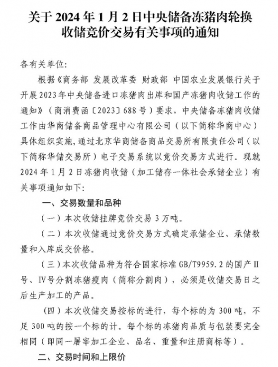 華儲網：2024年1月2日中央儲備凍豬肉輪換收儲競價交易3萬噸