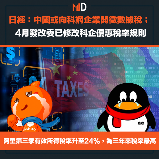 【數據稅】日經：中國或向科網企業開徵數據稅； 4月發改委已修改科企優惠稅率規則