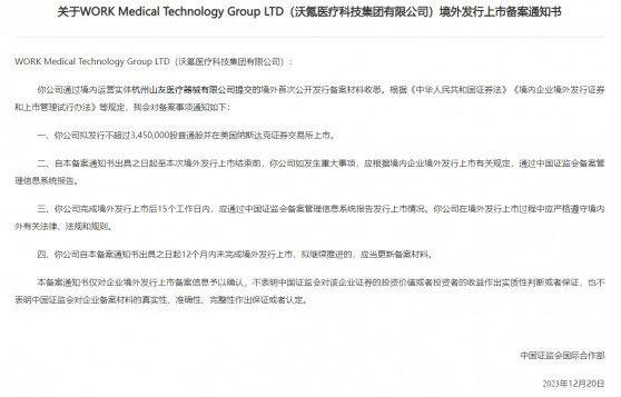 沃氪醫療(WOK.US)赴美IPO獲中國證監會備案 擬在納斯達克上市