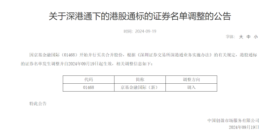 深交所：港股通名單調入京基金融國際(01468) 即日起生效