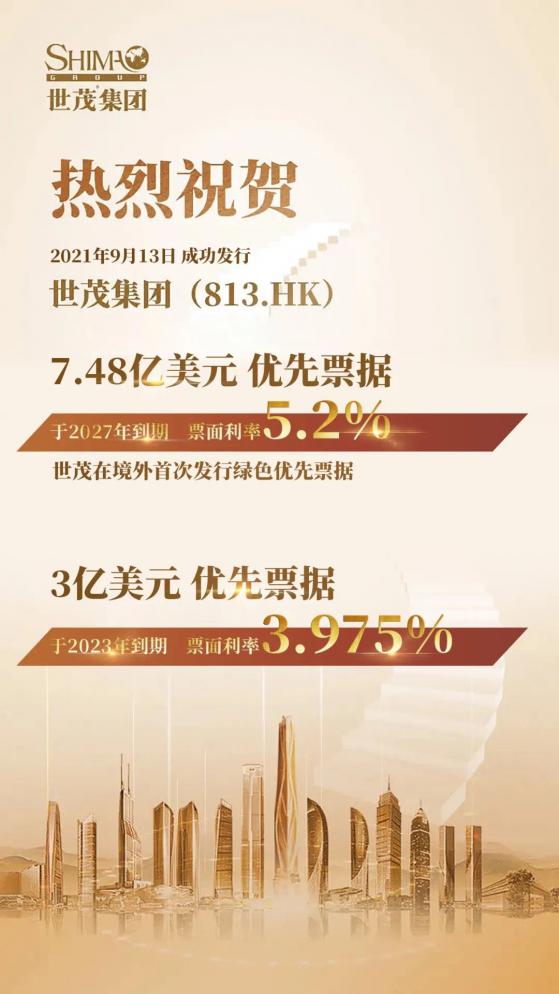 世茂集團(00813)成功發行兩筆共10.48億美元優先票據 利率最低3.975%