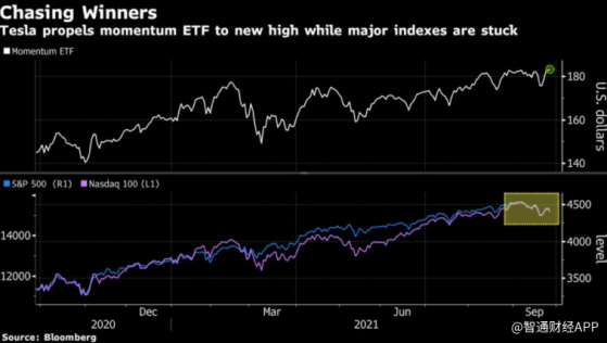 特斯拉(TSLA.US)過去16個交易日上漲14次，推動動量ETF(MTUM.US)創下新高