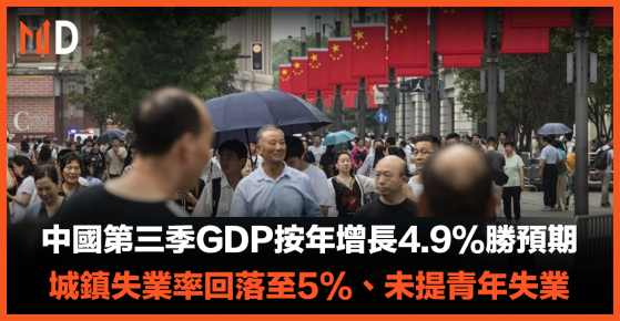 【中國經濟】中國第三季GDP按年增長4.9%勝預期，城鎮失業率回落至5%、未提青年失業