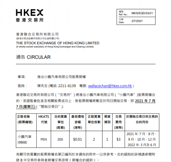 香港聯交所將推出小鵬汽車有限公司(09868)股票期權合約