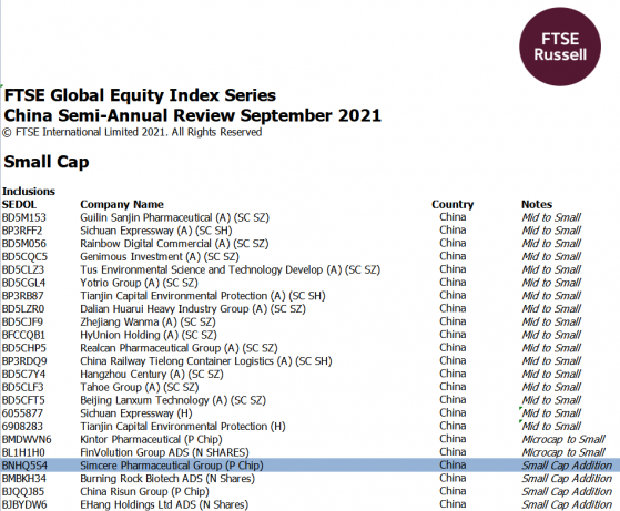 先聲藥業(02096)獲納入富時指數 9月20日正式生效