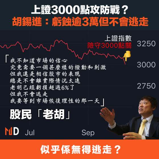 【#中國股市】上證3000點攻防戰？胡錫進：虧蝕逾3萬但不會逃走