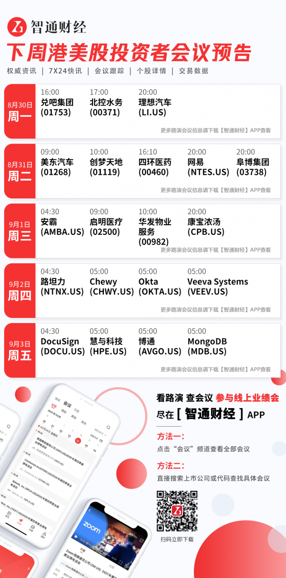 下周港美股投資者會議預告(8月30日-9月3日)