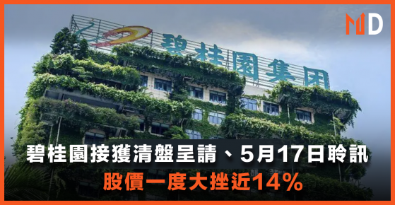 【內房危機】碧桂園接獲清盤呈請、5月17日聆訊，股價一度大挫近14%