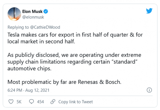 特斯拉(TSLA.US)馬斯克稱瑞薩及博世芯片供應問題阻礙汽車生産