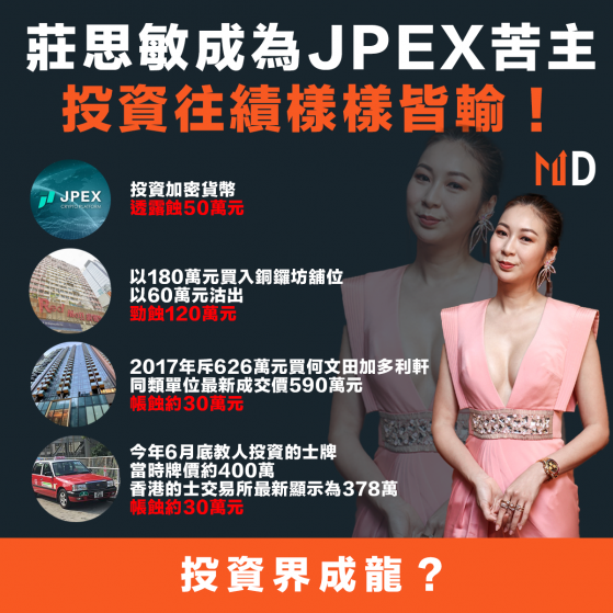 【名人投資】莊思敏成為JPEX苦主，投資往績樣樣皆輸！