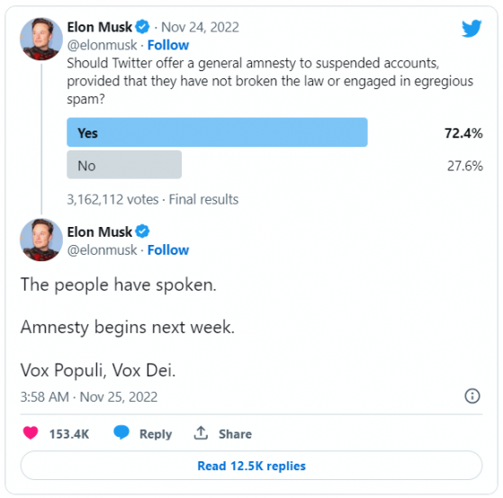 馬斯克：推特將從下周開始對被暫停賬戶實施“特赦”