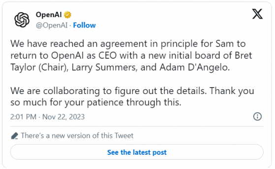 OpenAI“宮鬥戲”落幕！Sam Altman迴歸擔任CEO，組建新董事會