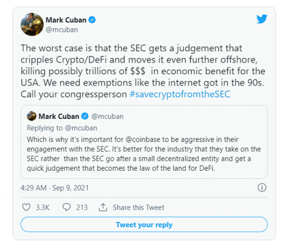面對SEC警告起訴，Mark Cuban敦促：Coinbase(COIN.US)應積極回應，繼續進攻