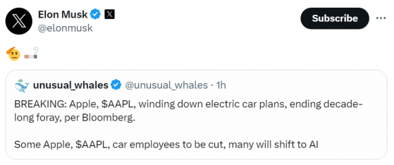 重磅！蘋果(AAPL.US)放棄電動汽車項目 馬斯克和投資者都鬆了一口氣