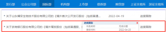 證監會：浙商銀行(02016)境外增發股份申請已獲接收材料