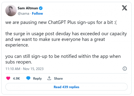 OpenAI爲應對巨大需求暫停其付費ChatGPT Plus服務新用戶注冊