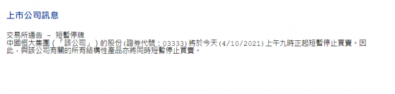 突發！恒大集團股份今上午9時起短暫停止買賣 與公司有關的所有結構性產品同時暫停